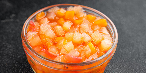 Fruits in syrup organic fruit and berries sweet dessert tasty fresh delicious gourmet food background on the table rustic food top view copy space