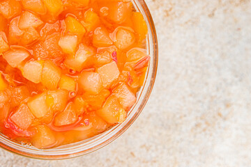 Fruits in syrup organic fruit and berries sweet dessert tasty fresh delicious gourmet food background on the table rustic food top view copy space