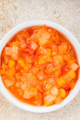 Fruits in syrup organic fruit and berries sweet dessert tasty fresh delicious gourmet food background on the table rustic food top view copy space
