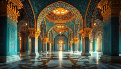 Luxurious Palace Interior with Blue Walls, Golden Arches, and Marble Flooring