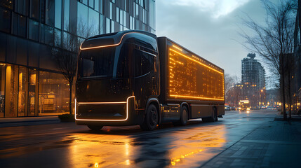 Obraz premium Electric delivery trucks utilizing AI route planning for efficient urban transport