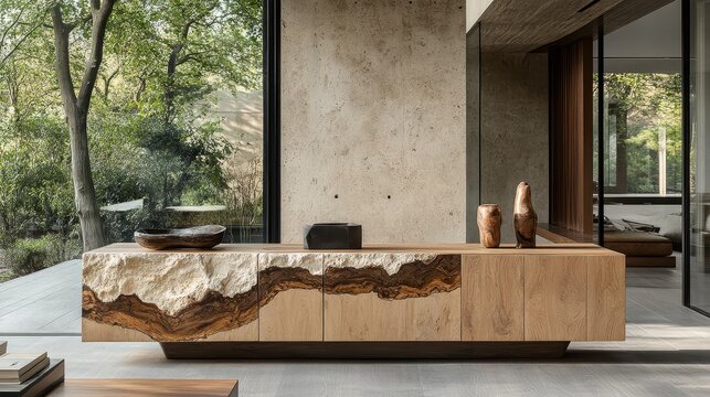 Large modern sideboard with live edge stone top and natural wood cabinet fronts, placed in a spacious contemporary home interior. Elegant and functional furniture design.