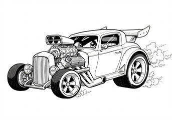 Cartoon illustration of a classic hot rod car with a supercharger and expressive eyes on the windshield.