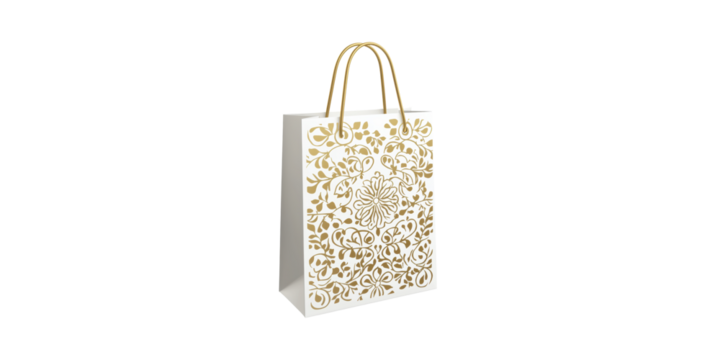 Decorative shopping bag with floral golden design isolated on transparent background