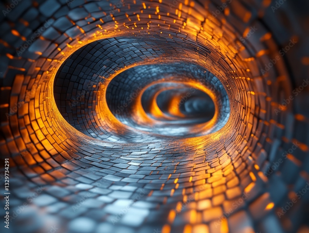 Aufkleber abstract data stream: glowing orange light tunnel with gray brick-like structure, a digital transfor