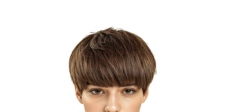 Close-up of short brunette hairstyle with bangs isolated on transparent background