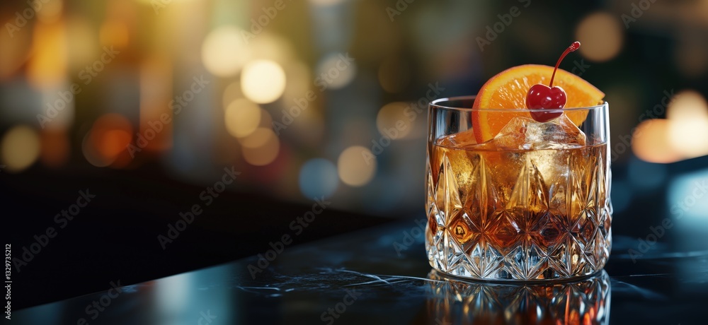 Poster refreshing whiskey cocktail with orange slice and cherry on bar counter