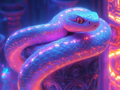 Cyberpunk Serpent: A Neon-Lit Python Coiled on a Futuristic Pedestal, Bathed in Electric Blue and Fiery Orange Glows, Embodying Digital Mystique