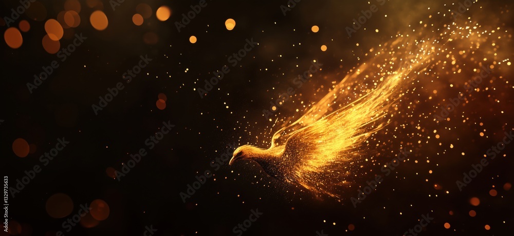 Poster golden phoenix soaring through a mystical background of shimmering particles and light