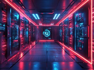 Futuristic Data Center Corridor: Neon Lit Servers, Cybernetic Core, Artificial Intelligence Hub, Illuminating the Digital Realm of Innovation and Advanced Technology.