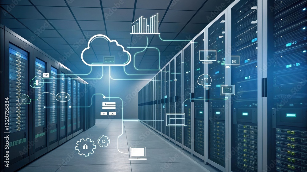 Poster a high-tech server room with cloud computing graphics, symbolizing data storage, connectivity, and m