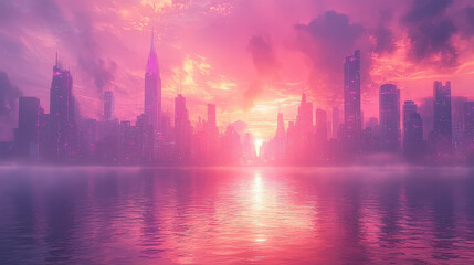 Stunning sunset over new york city skyline urban landscape serene water reflection dreamy atmosphere