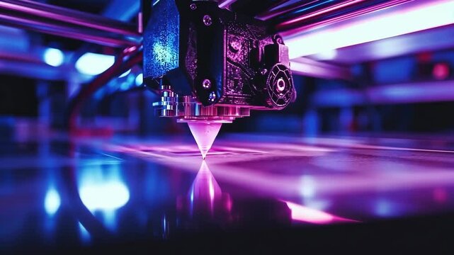 High-tech 3D printer in action creating intricate designs with vibrant lighting