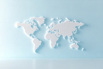 Minimalist 3D White World Map on Light Blue Background, Global Travel Concept