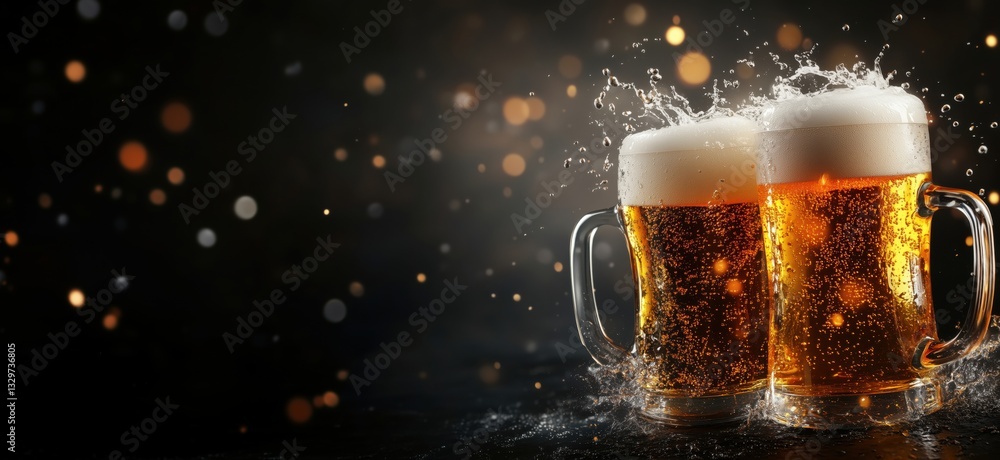 Aufkleber refreshing beer mugs splashing with foam against a dark background with bokeh lights