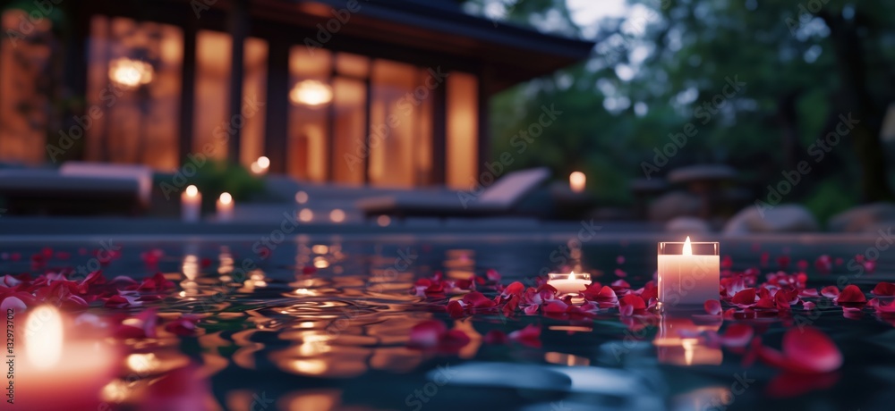 Poster serene evening scene with floating candles and rose petals in tranquil pool setting