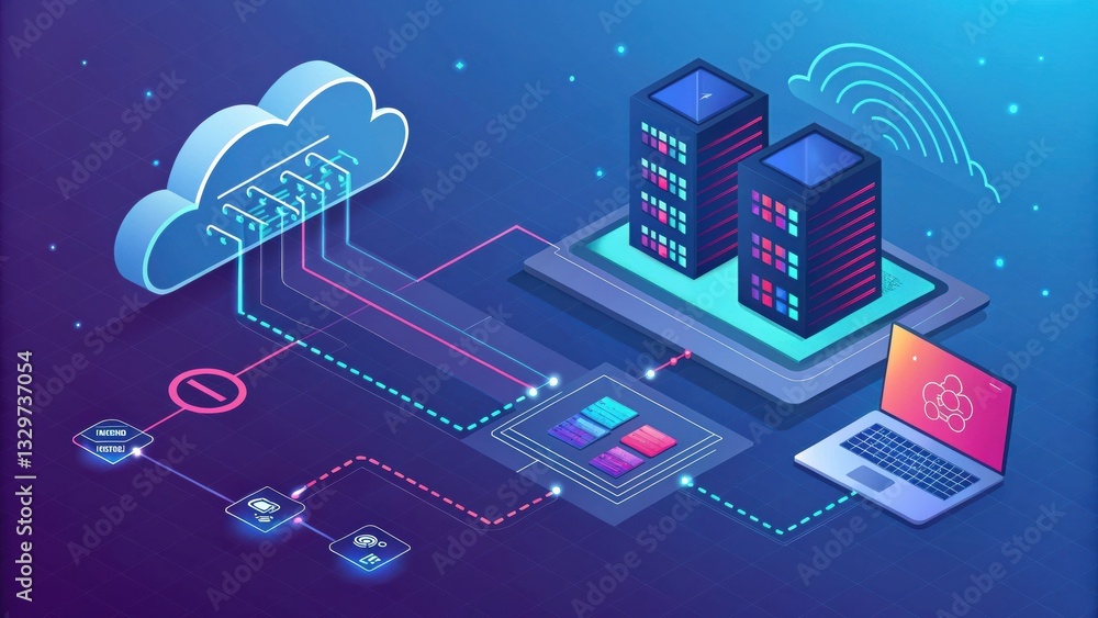 Poster a digital illustration depicting cloud computing, data transfer, and network connections between ser