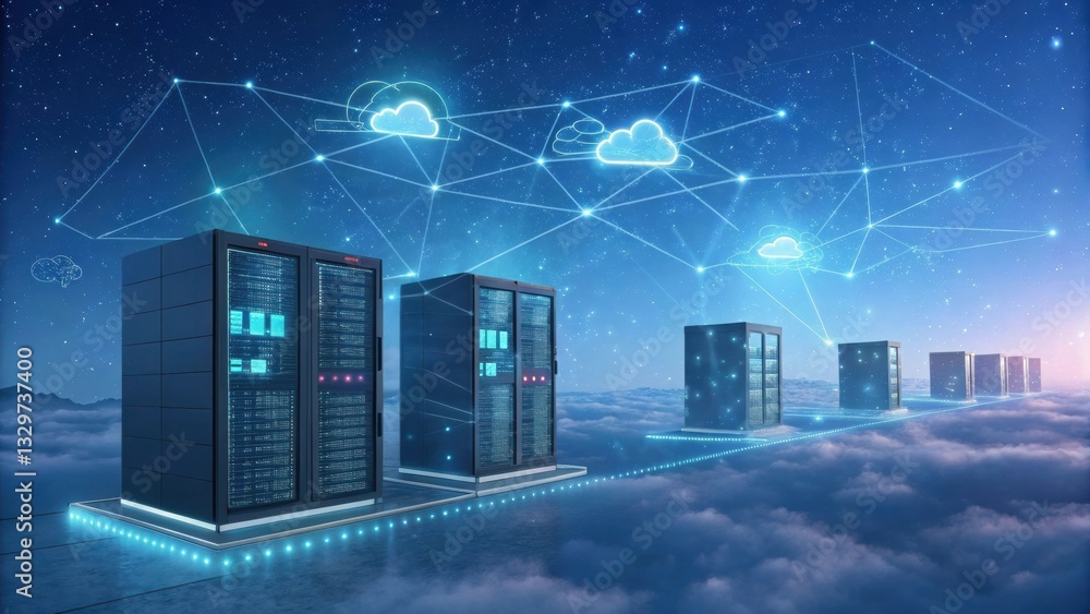 Poster a futuristic depiction of server racks connected through cloud technology, symbolizing digital conne