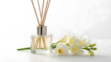 reed glass aroma diffuser with flower blossoms on white