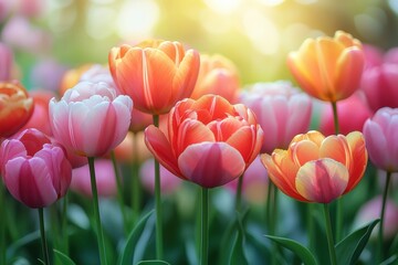Multicolored tulips bloom in a field during the day with sunlight shining through the trees