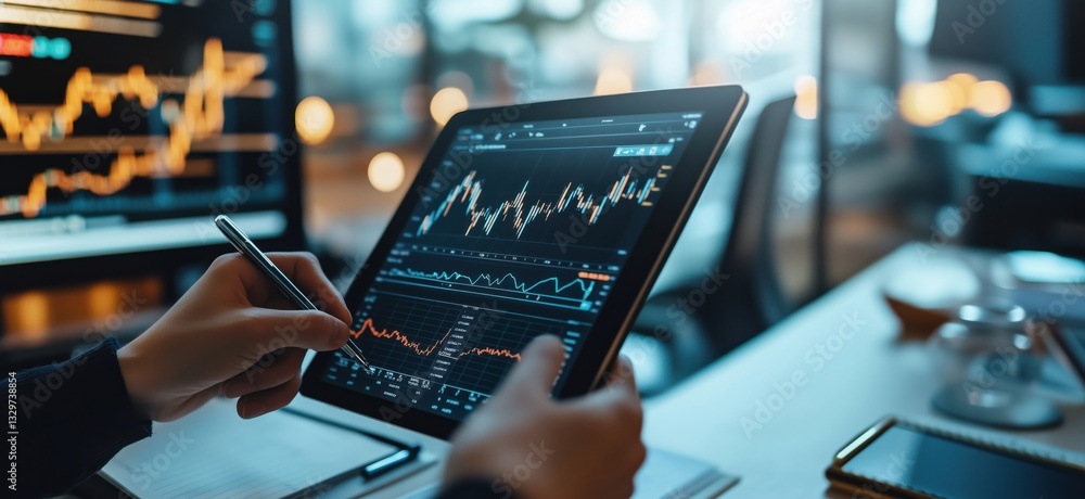 Poster data analysis on tablet with financial charts and graphs in modern office setting