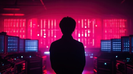 Cybersecurity Specialist Monitoring Data Streams in a Dark Room