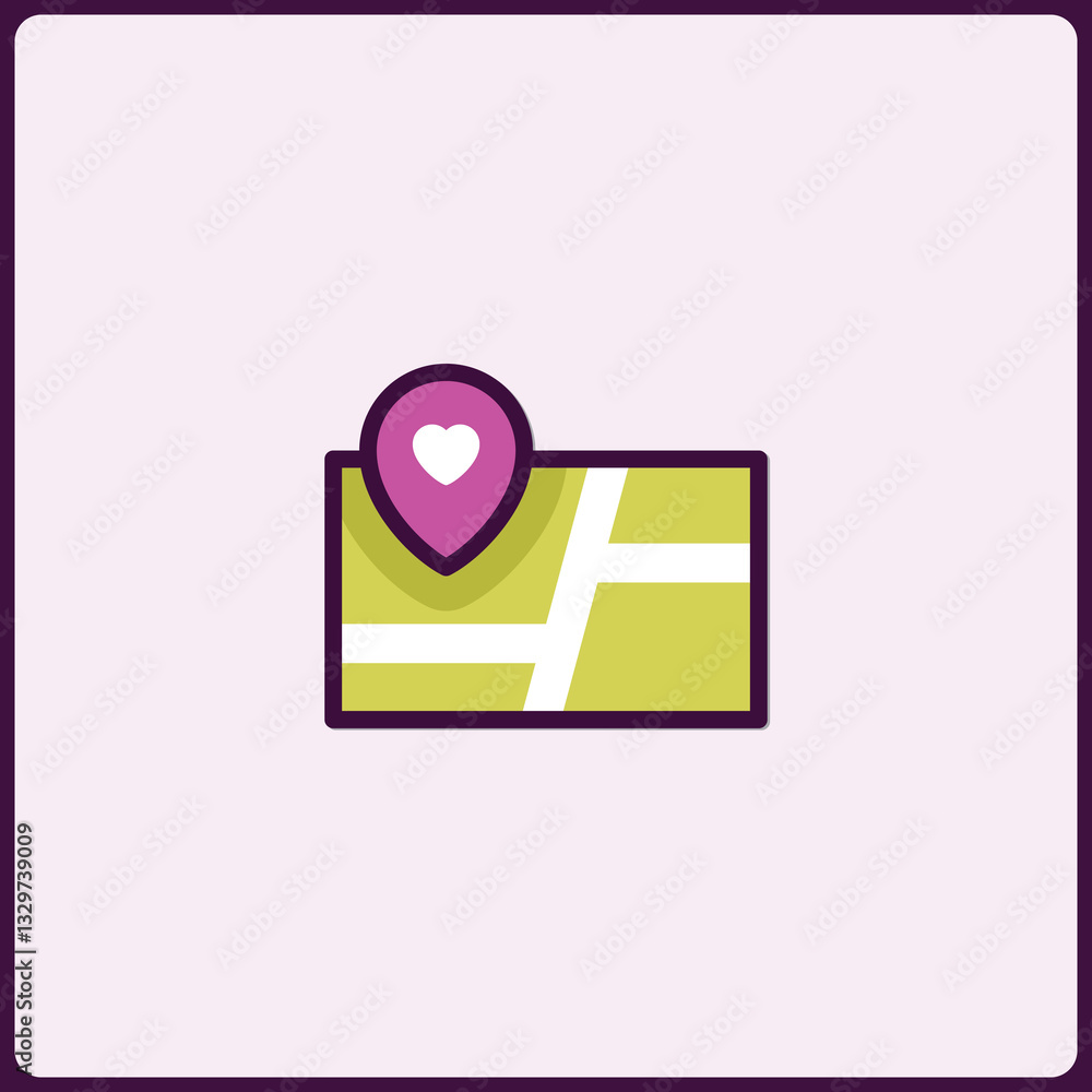 Poster minimalist icon representing a map with heart shaped pin for location