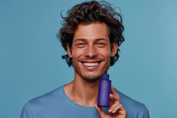 Man is holding a bottle of hair product and smiling