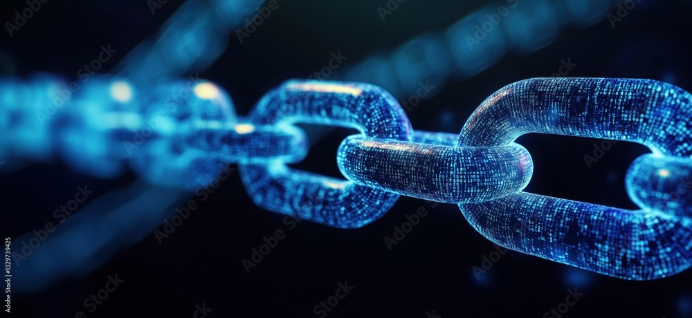 Poster digital blockchain technology represented by glowing blue links in a futuristic design