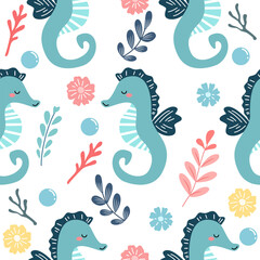 Seamless pattern of sea horse and flowers in a cute vintage style.