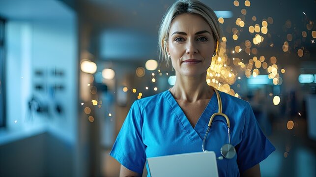 a nurse, realistic image facing front, complete body. Background hospital. She is 50 years old. Blue hue. Looking front and hopeful. Yellow gold sparks 