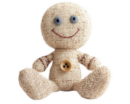 cute rag doll with button eyes and stitched smile, made of fabric, perfect for children. This charming toy adds warmth and joy to any space