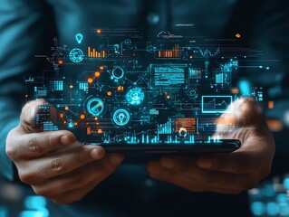 Person holding phone, digital data flows.