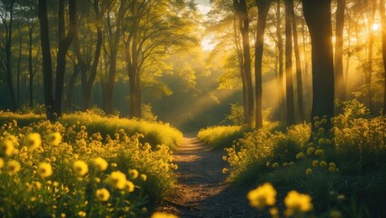 Obraz premium Sunny forest at dawn.