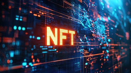 Glowing word 'NFT' against abstract backdrop of network connections and digital data. Blockchain and digital collectibles illustrated.