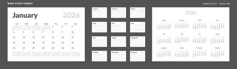 2026 Calendar Planner Set of Template Monthly Page, Annual. Vector layout grid of wall or desk calendar with week start Sunday in in monochrome color. Page A4-21x29.7 cm for print