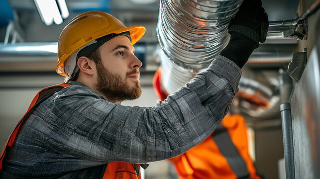 Hardworking industrial worker installing ventilation system pipes man job grey metal focus repair