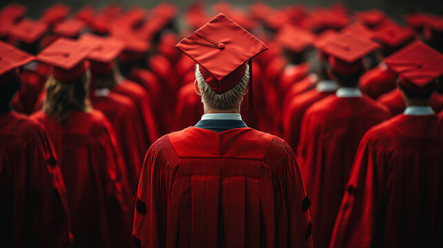 Individual celebrating academic achievement in graduation gown during university convocation ceremony with joyful expression