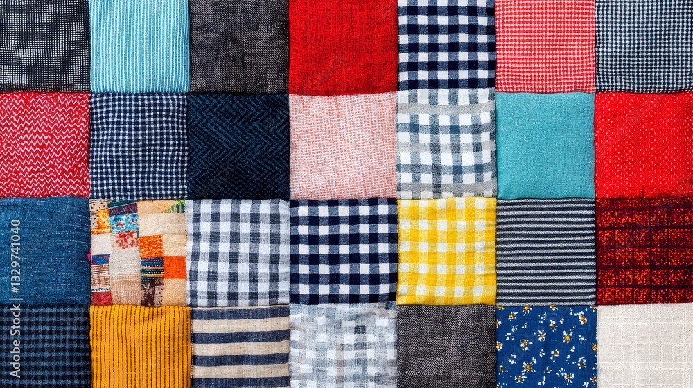 Poster a vibrant patchwork of colorful fabric squares, showcasing various patterns and textures in a visual