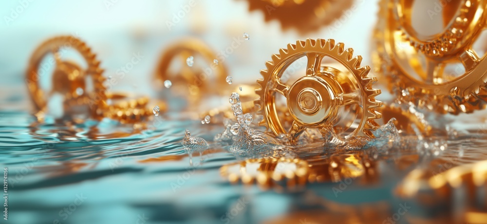 Poster golden gears splashing in water creating dynamic and artistic visual effects