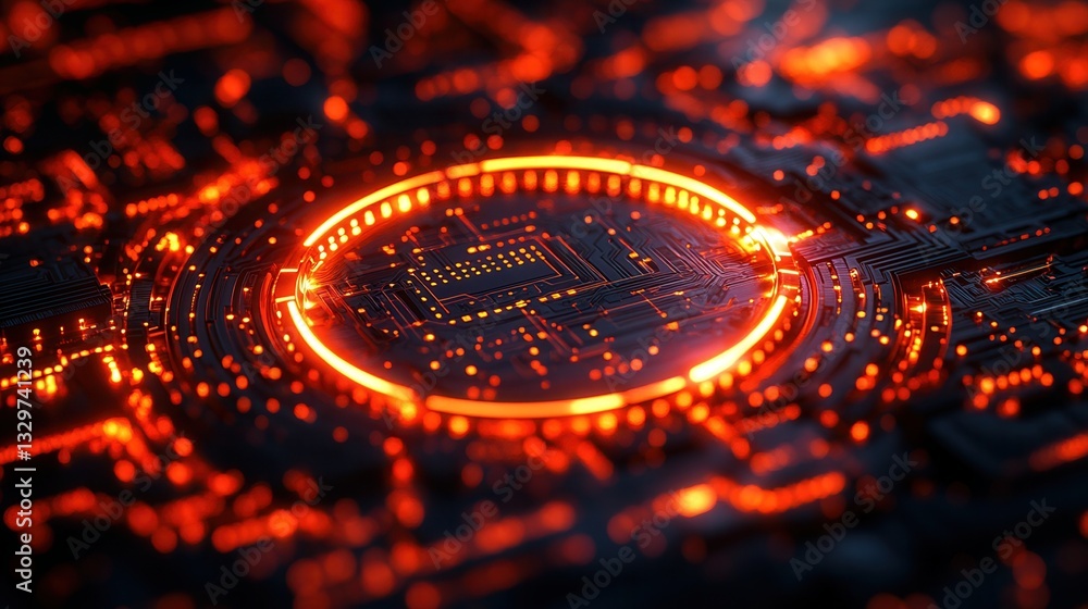Poster computer security concept, abstract circuit design with glowing orange elements.