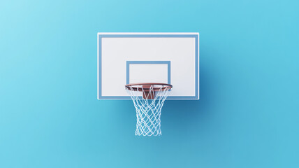 A basketball hoop with a white backboard and blue background