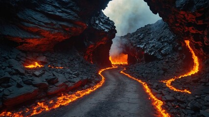 The path to hell is represented by a stone-paved trail scattered with bones, leading to a cave filled with lava and smoke, featuring a flaming opening and a signboard. An animated image.