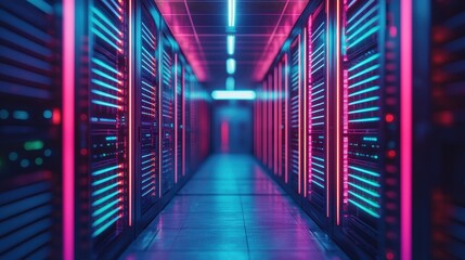 A futuristic server room illuminated with vibrant blue and pink lights, showcasing rows of servers down a sleek corridor.