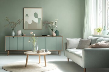 Modern living room with sage green walls, light wood furniture, and neutral textiles.