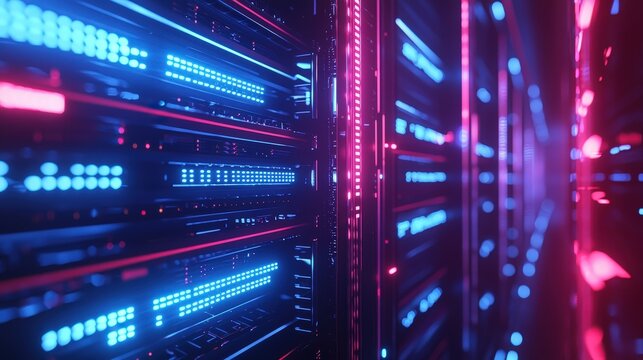 Futuristic data center with glowing neon-lit server racks, symbolizing advanced computing and cybersecurity. Perfect for cloud technology, AI, networking, and digital infrastructure themes. - Powered by Adobe