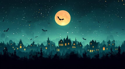 Naklejka premium Halloween Night Village with Bats and Full Moon