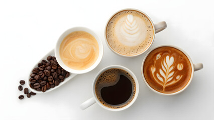 white background with different types of coffee, espresso, ristretto, capuccino