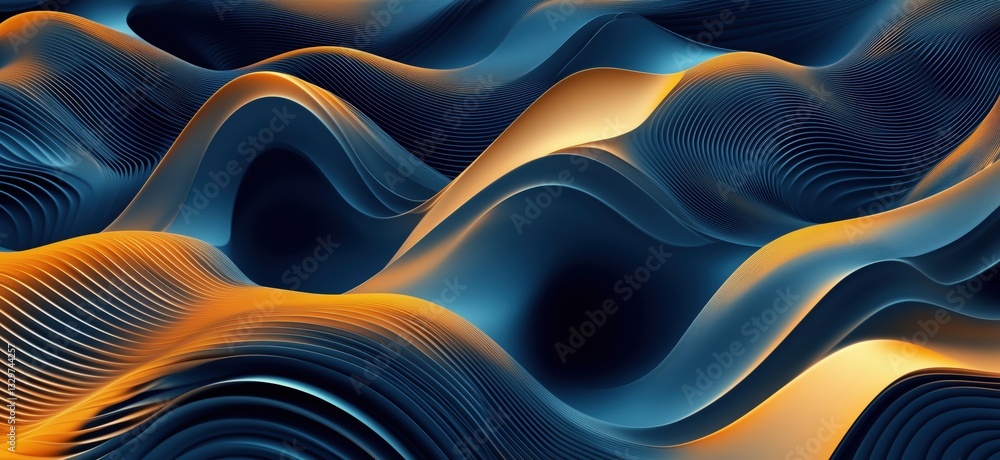 Poster abstract wave patterns in blue and orange tones creating a dynamic visual experience