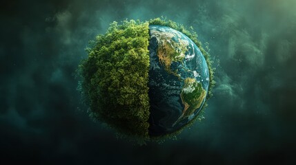 A vibrant, half-green, half-blue Earth symbolizes environmental balance, showcasing nature's beauty and the importance of ecological preservation.